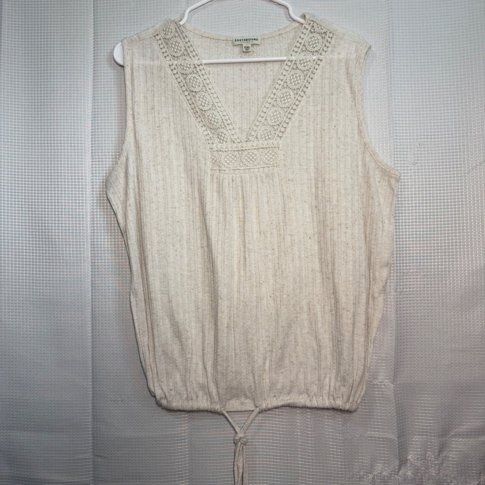 Earthbound Trading Co Tank Top XXL Cream Crochet Trim Linen Blend Tie Hem